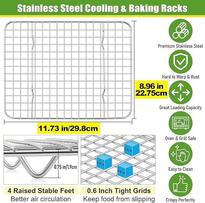 Homikit 2 Pack Cooling Rack Set, 12" x 9" Stainless Steel Baking Rack for Bacon Bread Pizza, Metal Wire Oven Racks for Cooking Roasting Fit Quarter Sheet Pan, Rust Free & Dishwasher Safe