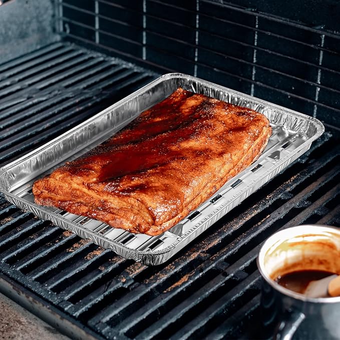 50 Pack Aluminum Grill Pans 9x13 Inch, Broiler Pans for Oven, Disposable Aluminum Grill Liners with Holes with Ribbed Bottom Surface for BBQ Foil Drip Roast Trays