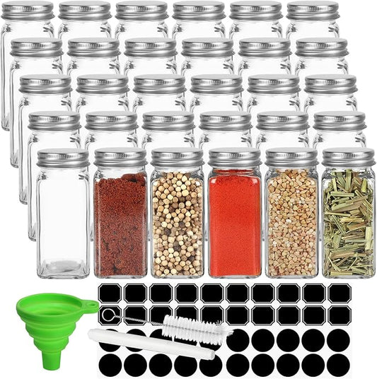 Keketin 30 Pack Glass Spice Jars 4 oz with Labels, Empty Square Spice bottles Seasoning Containers with Silver Caps and Shaker Lids(80 Black Labels,1 Funnel,1 Pen and 1 Brush Included)