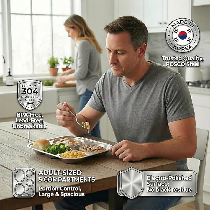 Korean Stainless Steel Divided Plates for Adults, Teens, Premium 304, Electro-Polished, No Black Residue, BPA-Free, Large 5-Compartment Food Tray, Diet Portion Control, Camping, Set of 2