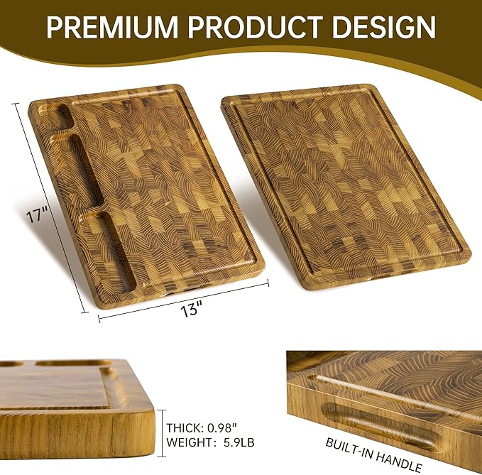 Teak Wood Cutting Boards for Kitchen, Large Charcuterie Board with Handle, 1" Thick Butcher Block, End Grain Cutting Board, Reversible Wooden Chopping Board for Meal Prep & Serving, 17"×13"