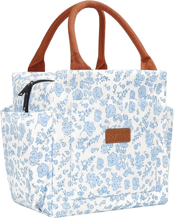 Joymee Lunch Bag Women Insulated Lunch Box Reusable Leakproof Large Spacious Cooler Tote for Women Men Adult with Bottle Holder and Side Pockets for Work Office Travel Picnic -Blue Floral