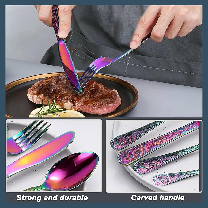 Runfly Vintage Carved Rainbow Stainless Steel 20 Pieces Flatware Set, Colorful Silverware Set, Modern Embossed Cutlery Set Utensils Including Fork Spoon and Knife