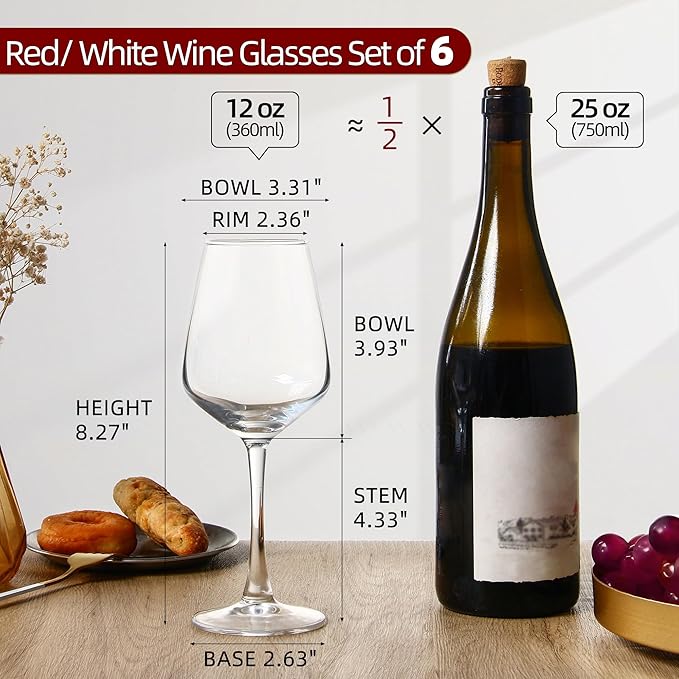 Wine Glasses Set of 6, 12oz Clear Red/White Wine Glasses, Long Stem Glasses for Party, Wedding and Home