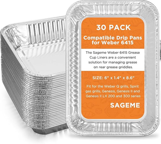 30 Pack Weber Grills Compatible Drip Pans 6415 for Weber Grills Spirit Gas Grills, Q Grills, Genesis and Genesis II LX 200 300 Series Disposable Aluminum Foil Grease Trays 6 x 1.4 x 8.6 Inches