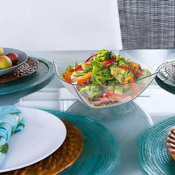 R-kay 6 Pack Square Plastic Serving Bowls - Clear Plastic bowls 32 Oz - Salad Bowls Large Serving, Premium Duty For Weddings Catering And Birthday parties