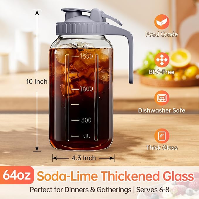 64oz Glass Pitcher with Lid & Spout – 2 Quart Mason Jars, Airtight & Leakproof Breastmilk Pitcher for Cold Brew Coffee, Sun Tea, Water, Juice – Wide Mouth, Fridge Safe