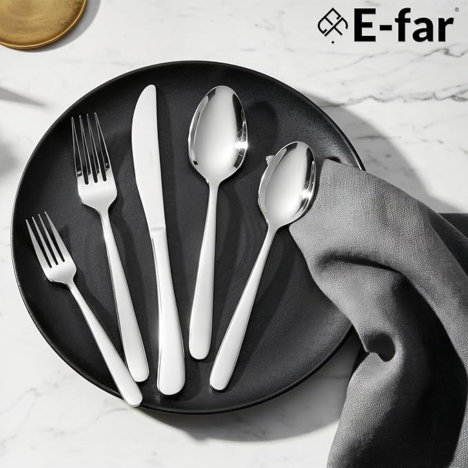 E-far Heavy Duty Silverware Set for 2, 10-Piece Stainless Steel Flatware Cutlery Set, Mirror Polished & Dishwasher Safe - Includes Spoons and Forks Knives Ideal for Home Kitchen