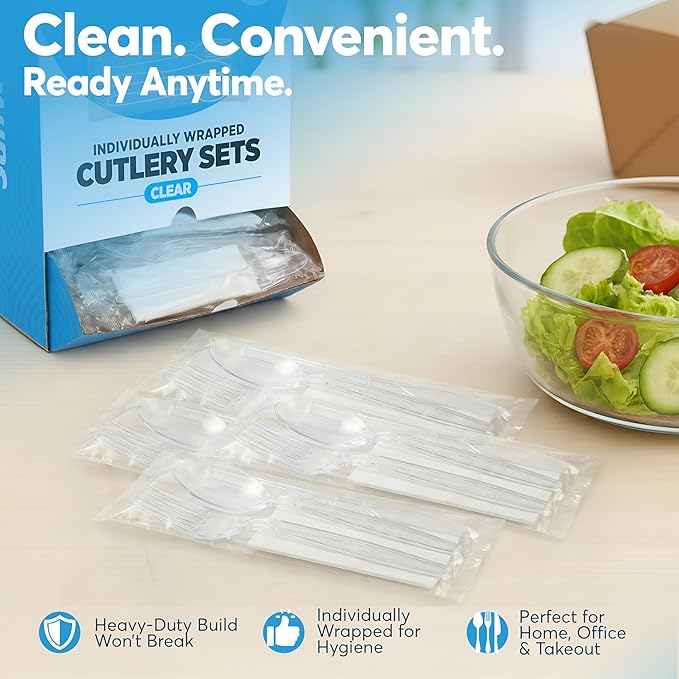 Individually Wrapped Plastic Cutlery Set with Napkin - 100 Pack Heavy Duty Disposable Forks, Spoons, Knives - Sanitary Wrapped Utensils Packets for Restaurants, Catering, Takeout, Parties (Clear)