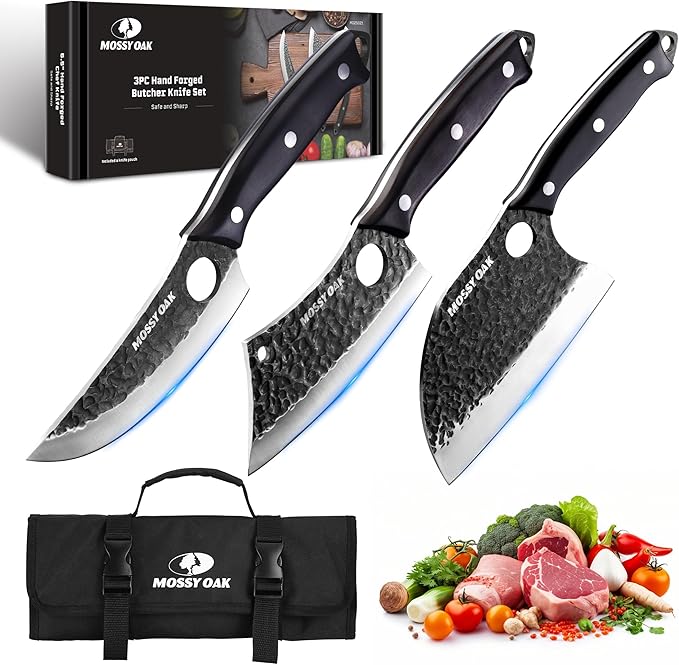Mossy Oak Butcher Knife Set, 3PCS Hand Forged Chef Knives with Oxford Roll Bag, Meat Cleavers Full Tang Handle for Cutting, Boning and Chopping, Kitchen Knives for Outdoor Cooking, Camping