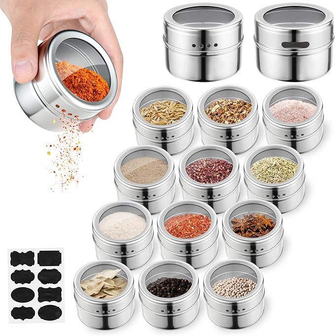 12pcs Stainless Steel Spice Jars, Magnetic Condiment Tins Magnetic Spice Jar With Clear Lid And Holes Sift&Pour - Easy To Clean