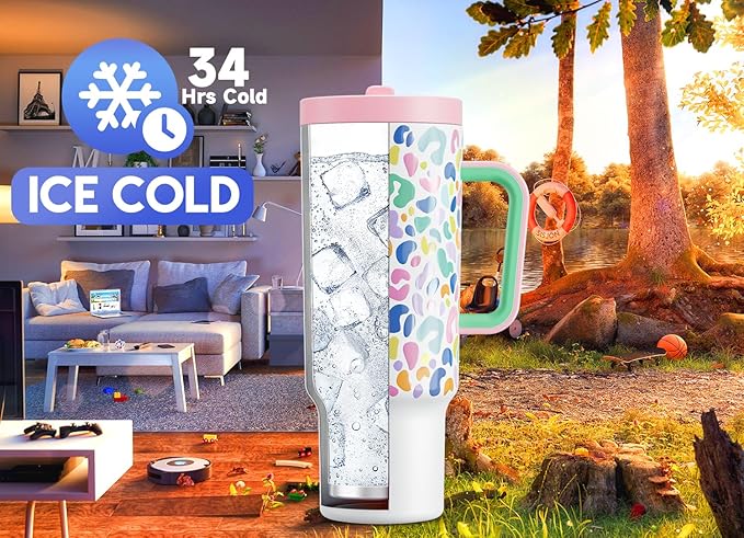 Meoky 40 oz Tumbler with Handle and Flip Straw, 100% Leakproof Tumbler with Lid and Straw, Stainless Steel Insulated Cup, Cupholder Friendly, Keeps Cold for 34 Hours (Leopard)