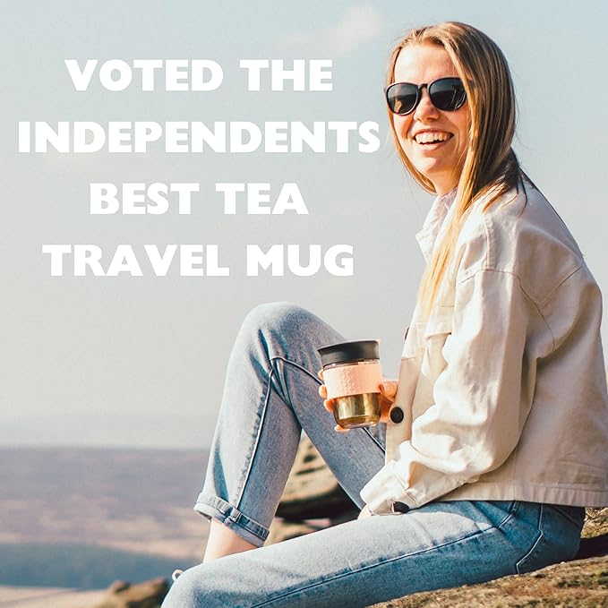 Travel Mug Loose Tea Infuser - Detachable Tea Strainer with Spillproof Lid - BPA-Free Reusable Glass Travel Coffee Cup with Silicone Band (Gray and Blue, 12oz)