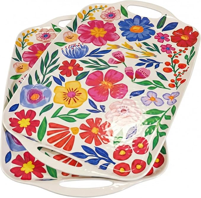 TP Large Serving Trays with Handles, 19" x 12" Melamine Serving Platters for Food, Turkey, Set of 2 Rectangular Trays for Party, Floral