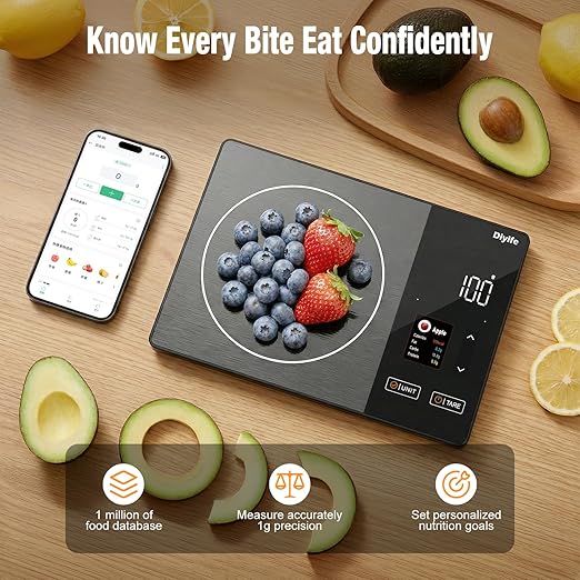 Smart Nutrition Food Scale with 2" TFT Display, Diyife Kitchen Scale with Nutritional Calculator, Calorie, Fat, Carb, Protein Tracking, 50 Food Preload, Support for App Customization, Battery-Powered