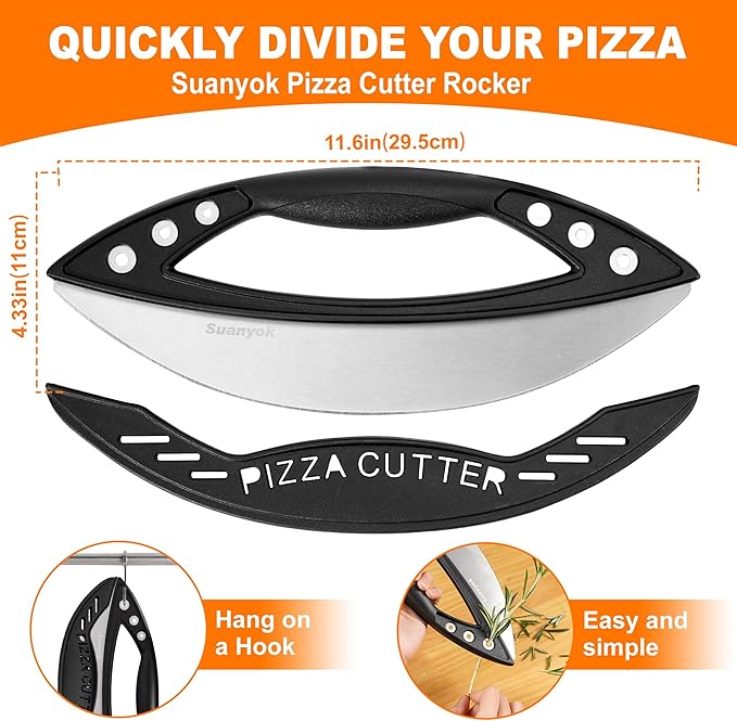 Premium Pizza Cutter Rocker Blade with Cover, 12" Stainless Steel Large Wheel Slicer-Food Vegetable Chopper Kitchen Gadgets, Black