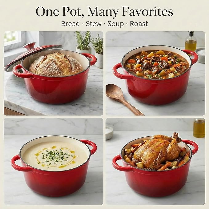 5.5QT Enameled Cast Iron Dutch Oven Pot with Lid,Heavy-Duty Cookware for Sourdough Bread Baking,Braising,Stews,Roasting,Oven Safe up to 500°F,RED
