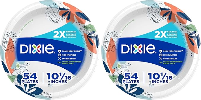 Dixie Large Paper Plates, 10 Inch, 2X Stronger*, Microwave-Safe, Soak-Proof, Cut Resistant, Disposable Plates for Everyday Breakfast, Lunch, & Dinner Meals, 54 Count (Pack of 2)