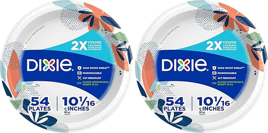Dixie Large Paper Plates, 10 Inch, 2X Stronger*, Microwave-Safe, Soak-Proof, Cut Resistant, Disposable Plates for Everyday Breakfast, Lunch, & Dinner Meals, 54 Count (Pack of 2)
