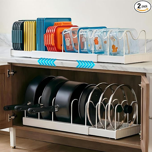 2 Pack Pots and Pans Organizer Under Cabinet, Expandable Pot Lid Organizer Racks, Include 20 Stainless Steel Racks & White Plastic Base, Perfect for Kitchen Cabinet, Countertop & Cupboard