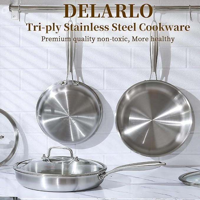 DELARLO Tri-Ply Stainless Steel Pan, 18/10 Frying Pan, Oven Safe Up to 600°F, Nontoxic Cookware, Compatible with All Cooktops Skillet, Durable, Fast Even Heat Fry Pan,12 inch Pan with Glass Lids