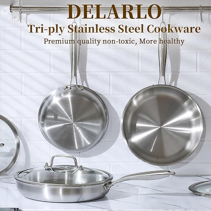 DELARLO Tri-Ply Stainless Steel Pan, 18/10 Frying Pan, Oven Safe Up to 600°F, Nontoxic Cookware, Compatible with All Cooktops Skillet, Durable, Fast Even Heat Fry Pan,10+12 inch Pan