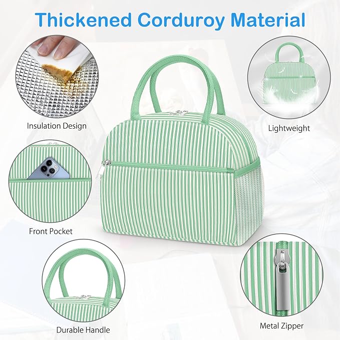 DALINDA Corduroy Lunch Box for Women,Insulated Lunch Bag Cute Cooler Tote Bag,Reusable 11L Large Capacity for Work Camping Picnic