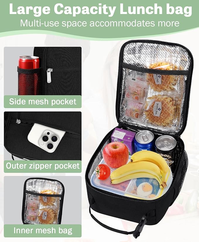 Small Lunch Box Insulated Lunch Bag for Men Women Kids, Reusable Lunch Bags Portable Small Lunch boxes Cooler Bag for School/Work/Picnic, Black 12-Can(6.5L)