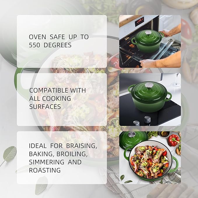 4 Quart Dutch Oven Enameled Cast Iron with Lid - Big Dual Handles - Oven Safe up to 500°F - Classic Round Pot for Versatile Cooking Green
