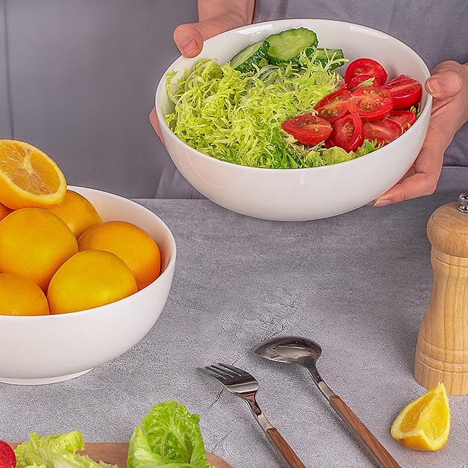 DELLING 60 Oz Large Serving Bowls Set of 3, 8 Inch White Ceramic Mixing Bowls - Soup Salad Pasta Ramen Bowls for Kitchen, Microwave Dishwasher Safe, Porcelain
