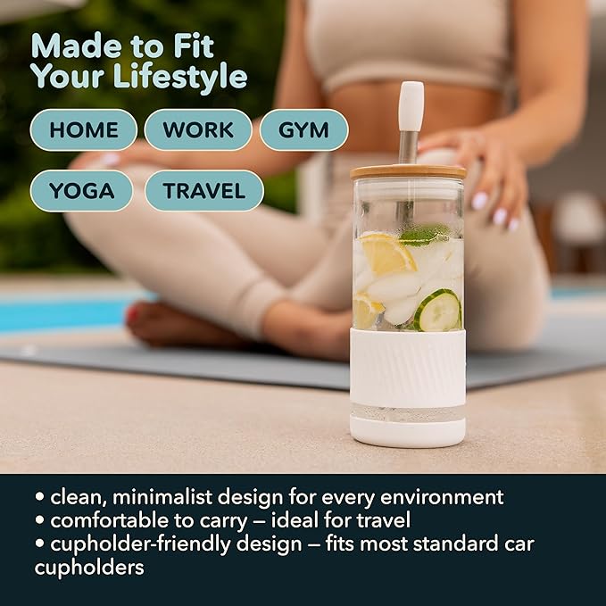 Pandaloo® Glass Cups With Lids and Straws -20 Fl Oz- Perfect Size Iced Coffee Cup - Smoothie Cup With Bamboo Lid and On the go Lid - Glass Tumbler (2 Count (Pack of 1), Lilac-Sage)