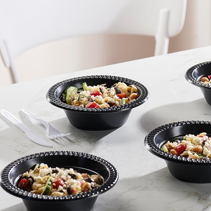 PLASTICPRO 200 PCS Black Plastic Bowls Light Weight 12 oz Plastic Soup Bowls Black Salad Plates Disposable for Party and Wedding