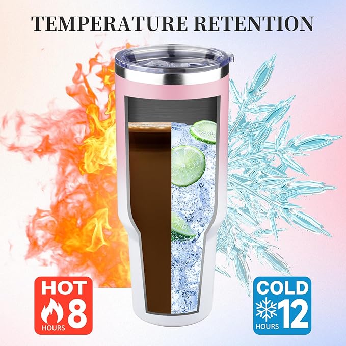 40 oz Tumbler with Lids and Straws Double Wall Vacuum Insulated Tumbler Cup,Stainless Steel Leak-proof Thermal Tumbler Powder Coated Travel Coffee Mug for Cold and Hot Drinks,Pink White