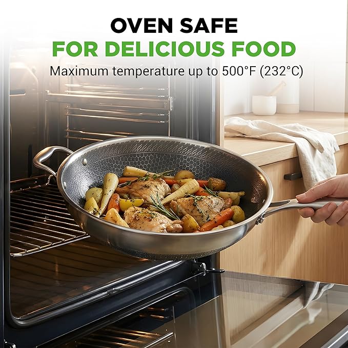 NutriChef 12" Stainless Steel Durable Wok - Triply Kitchenware Wok with Glass Lid, Side Handle - DAKIN Etching Non-Stick Coating, Scratch-resistant Raised-up Honeycomb Fire Textured Pattern