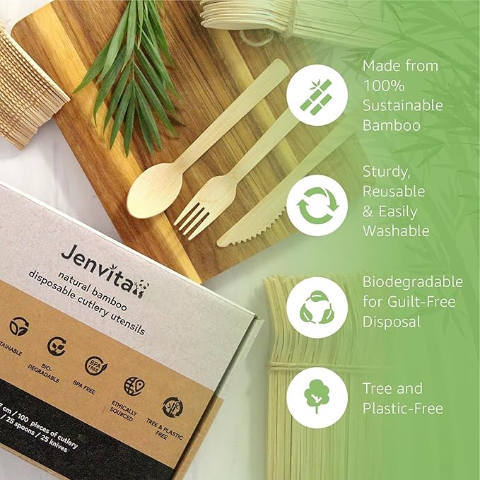 100% Bamboo Cutlery Set - 3000 Utensil Disposable Set (1800 Forks, 600 Spoons, 600 Knives) | Reusable or Disposable Utensils for Party | FSC Certified Flatware for Weddings, Camping, Parties