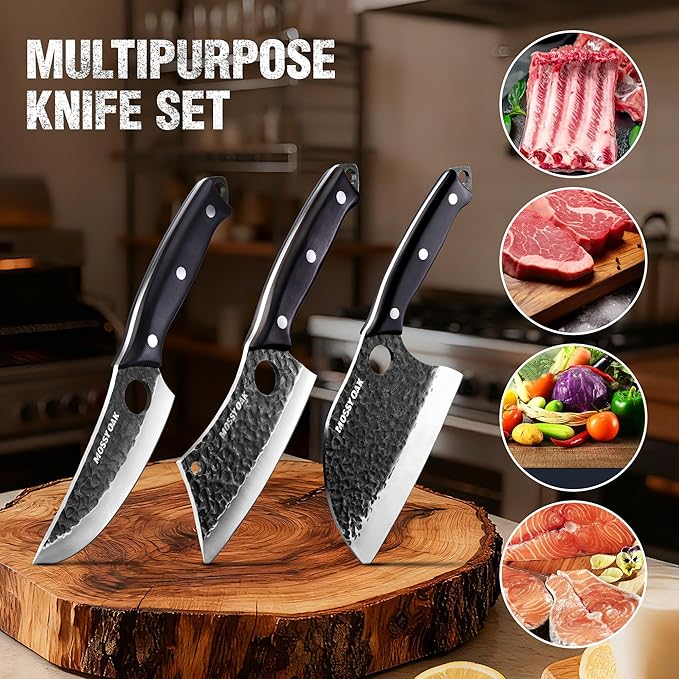 Mossy Oak Butcher Knife Set, 3PCS Hand Forged Chef Knives with Oxford Roll Bag, Meat Cleavers Full Tang Handle for Cutting, Boning and Chopping, Kitchen Knives for Outdoor Cooking, Camping