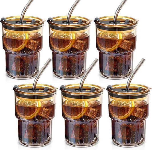 6 Packs Glass Tumbler with Lid and Straw Ice Coffee Cup Bridesmaids Proposal Gifts for Wedding Day Sets Thank You Stuffers Box Fillers Party Accessories Essentials Guest Favors Bulk