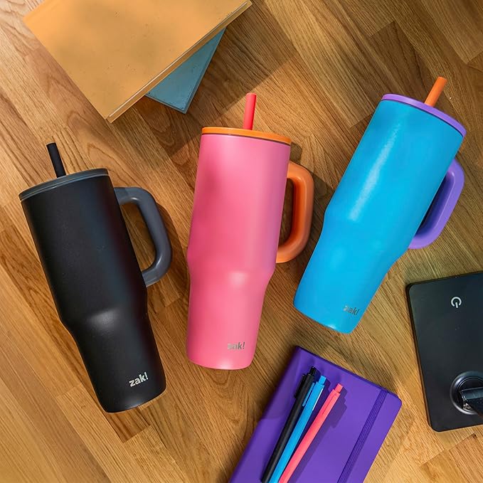 Zak Designs Sutton Travel Tumbler for On the Go, 40oz Stainless Steel with Vacuum Insulation, Silicone Straw, and Carry Handle for Cold Drinks (So Sweet Pink)