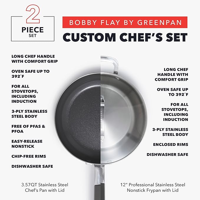 GreenPan x Bobby Flay Stainless Steel 3.75QT Saucepan and 12” Frying Pan Skillet with Glass Lids, Professional Grade Tri Ply, Induction Suitable, Dishwasher & Oven Safe, Stay Cool Silicone Handle