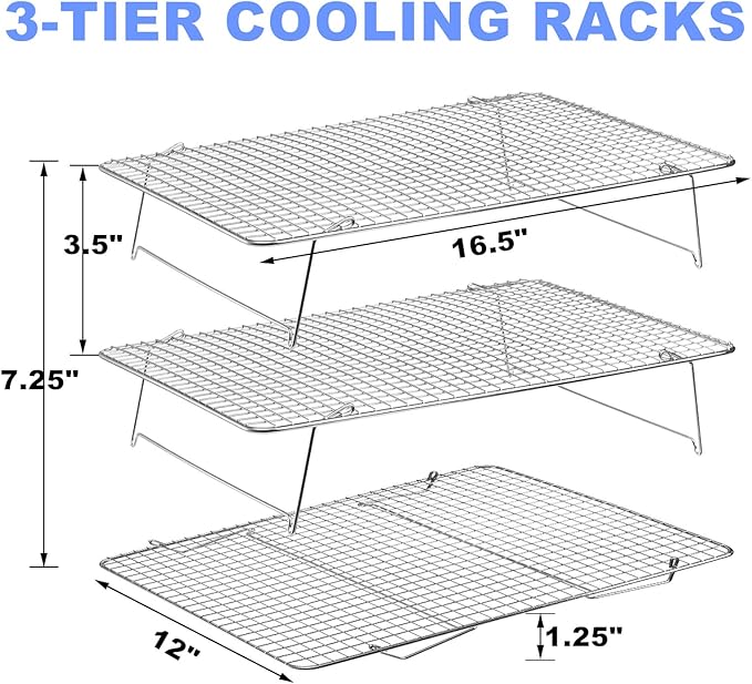 Tebery 304 Grade Stainless Steel Baking Rack 3-Tier Stackable Cooling Rack Set for Baking Cooking Grilling - 16.5" x 12"