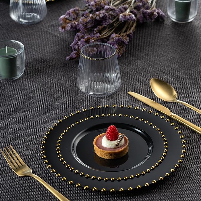 PLASTICPRO 64 Piece Combo Plastic Dinner Plates Disposable Plastic Fancy Heavy Duty Party Dishes 7 inch and 10 inch, Black and Gold Beaded