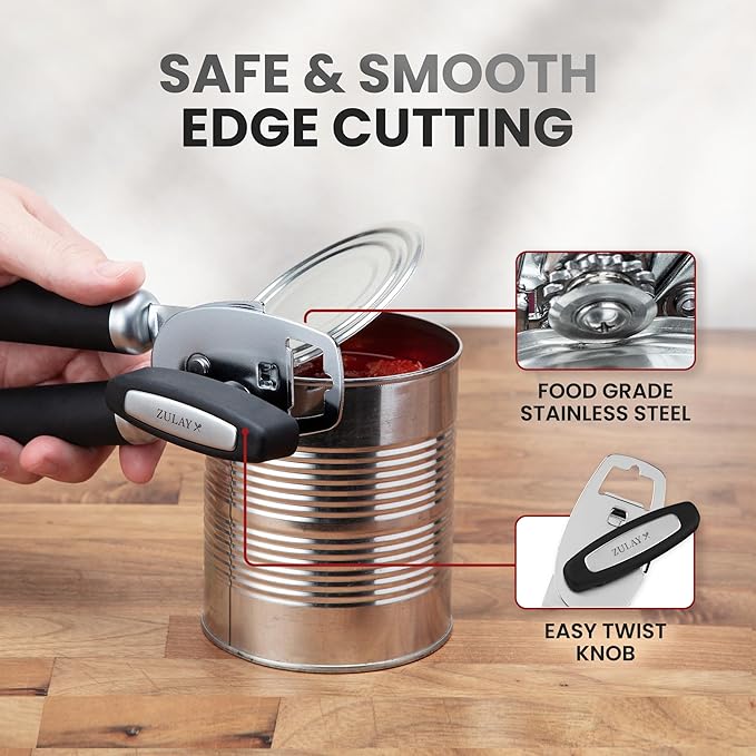Zulay Kitchen COMFY™ Can Opener Manual with Bottle Opener - Rust Proof Stainless Steel Manual Can Opener With Turn Knob & Comfy Soft Grip Handles - Black