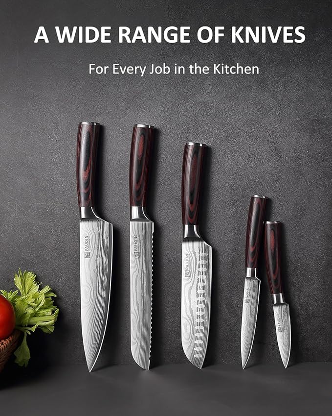 PAUDIN Knife Set, 5PCS Kitchen Knife Set without Block, Stainless Steel Chef Knife Set with Pakkawood Handle, Professional Kitchen Gift Sets for Cooking Lovers