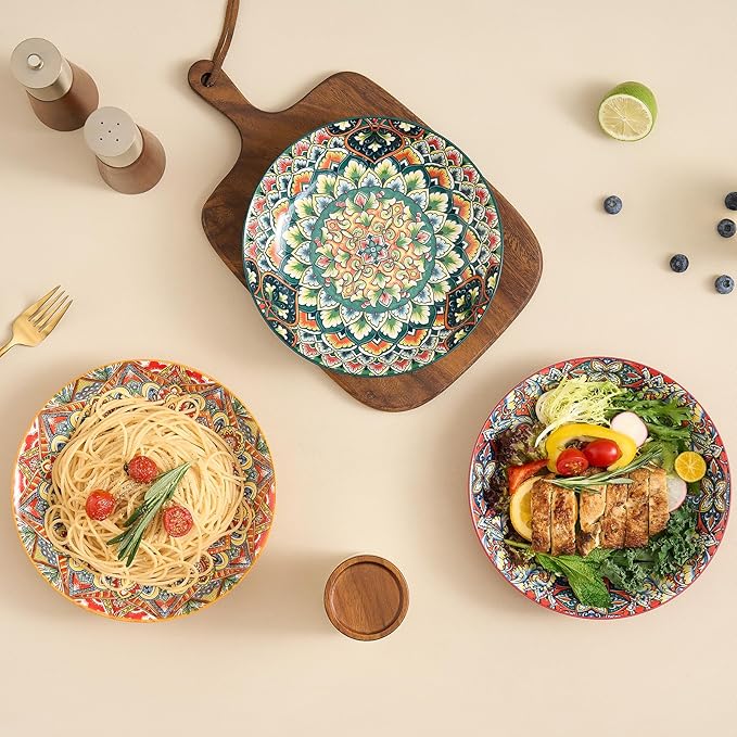 Ceramic Pasta Bowls Set of 6-8 inch 32 oz Serving Bowls, Colorful Dinner Bowls for Soup,Salad, and Pasta, Kitchen, Microwave, Dishwasher Safe, mexican, Bohemian Style