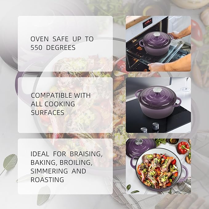 4 Quart Dutch Oven Enameled Cast Iron with Lid - Big Dual Handles - Oven Safe up to 500°F - Classic Round Pot for Versatile Cooking Purple