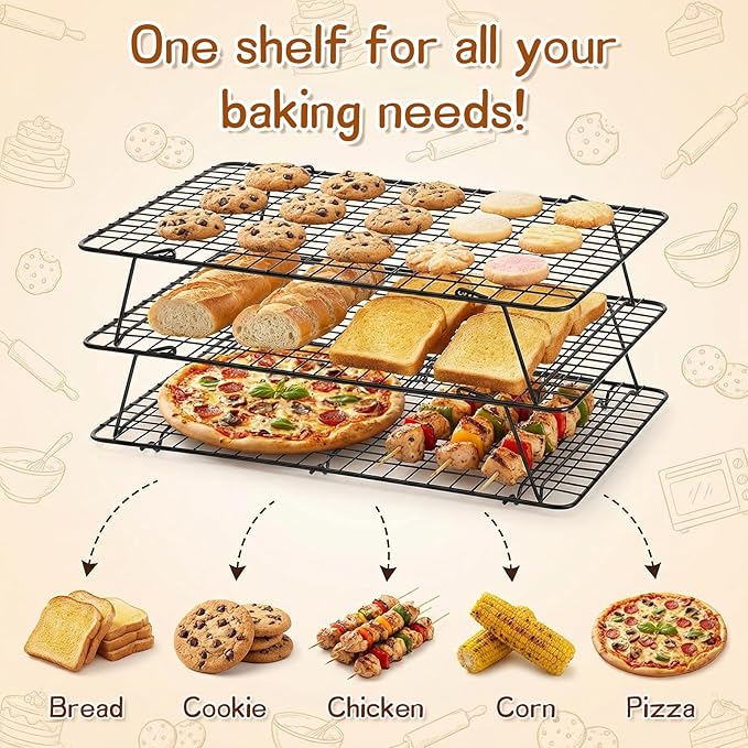 3-Tier Stackable Cooling Rack, 16.5 x 12 Inch Wire Racks, Detachable Cooling Racks with Legs, Carbon Steel Baking Rack, for Baking Cooking Grilling, Oven and Dishwasher Safe