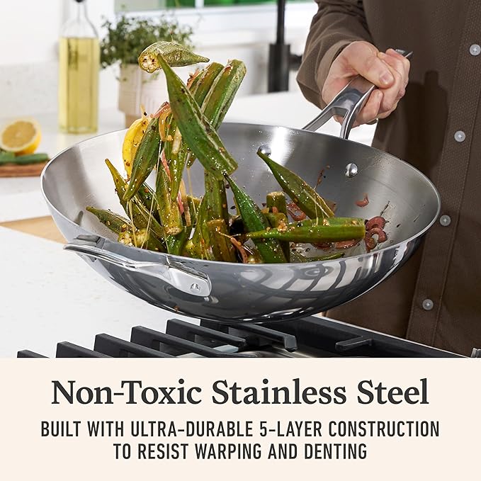 Calphalon Premier Polished 5-Ply Stainless Steel Cookware w/Turbo Heat Tech 13" Wok, Induction, Oven Safe 500F, PFOA Free, Polished Stainless Silver