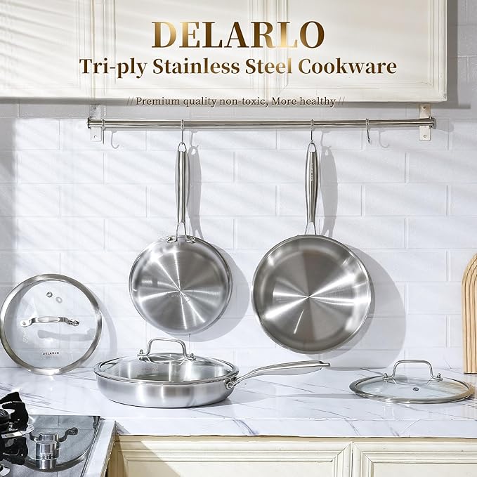 DELARLO Tri-Ply Stainless Steel Pan, 18/10 Frying Pan, Oven Safe Up to 600°F, Nontoxic Cookware, Compatible with All Cooktops Skillet, Durable, Fast Even Heat Fry Pan,Steel 8+10.2" with Lids