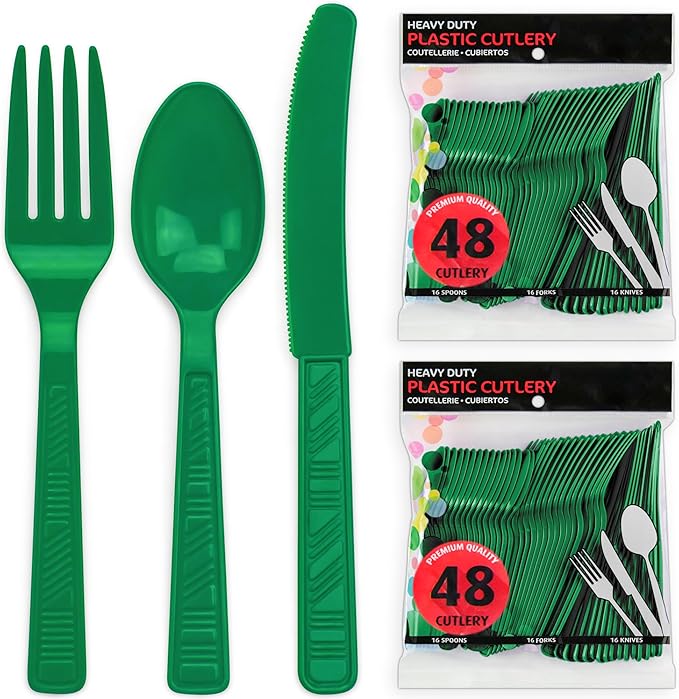 DecorRack Plastic Cutlery Set, Green Colored Plastic Silverware Sets for Parties, 96 Piece Bulk Heavy Duty Utensils (Green, 96 Pieces)