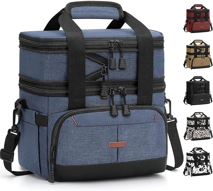 Lunch Box For Men Women Double Deck Insulated Lunch Bag For Men Woman Leakproof Expandable Cooler Bag with Adjustable Shoulder Strap for Kids Shool Work Picnic Camping(Blue,Large)